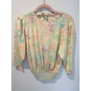 Vintage 80s Ungaro Parallele Floral Watercolor Smocked Waist Blouse
